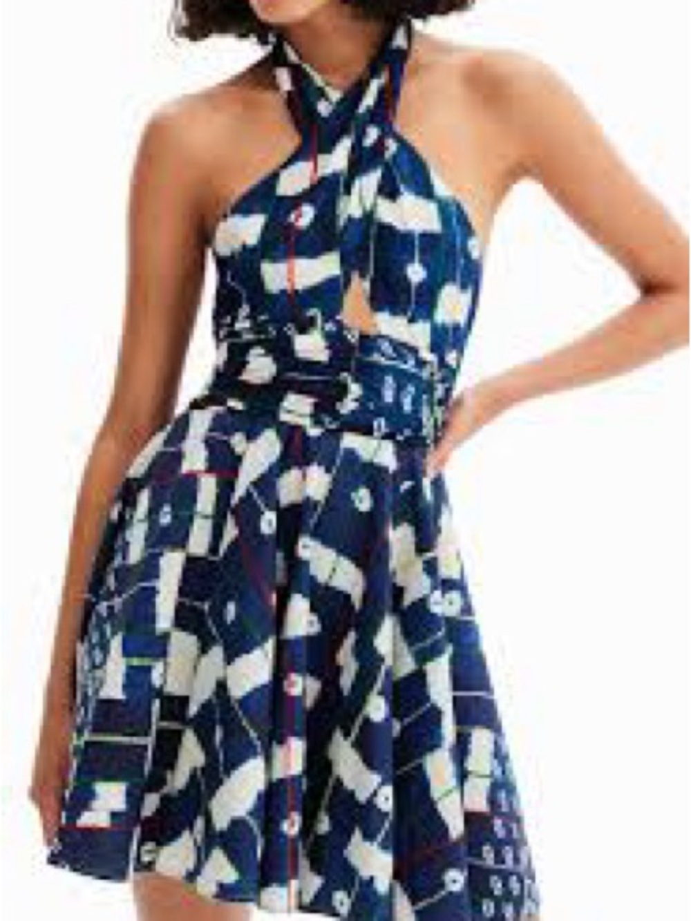 Desigual Navy Blue One-Shoulder Halter Dress with White Geometric Print